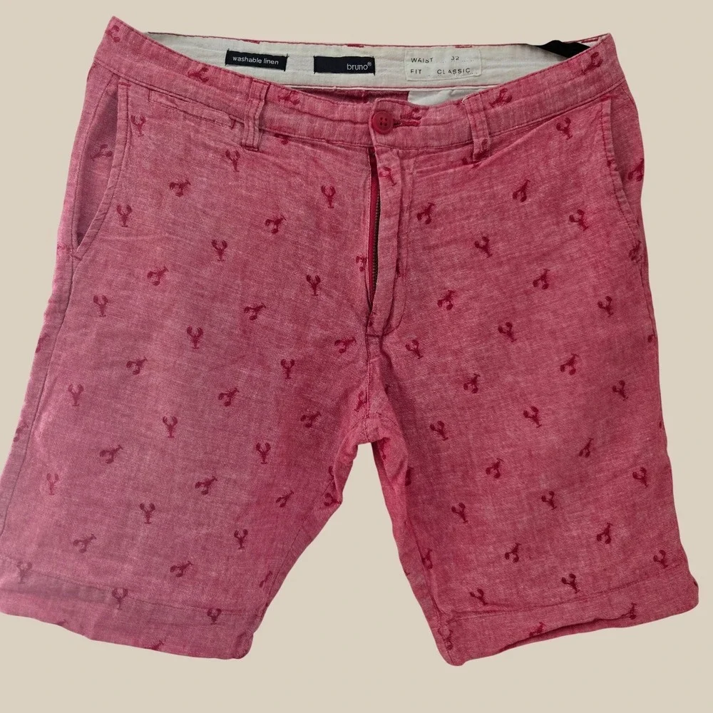 J. Crew Mens Pink Lobster Embroidered Washable Linen Shorts Classic Fit 32
